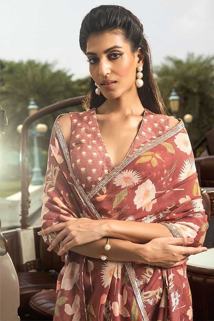 Brick Red Organza Printed Unstitched Party Wear Saree Set by DOHR INDIA at Pernia's Pop Up Shop