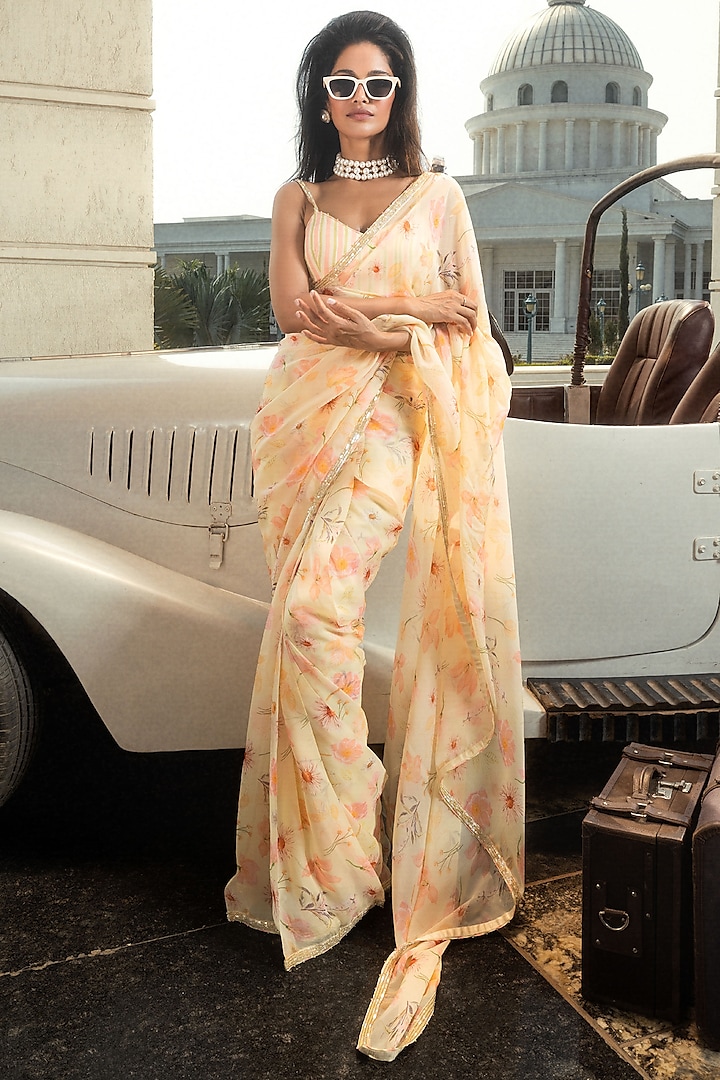 Lemon Yellow Organza Floral Printed Pre-Stitched Saree Set by DOHR INDIA at Pernia's Pop Up Shop