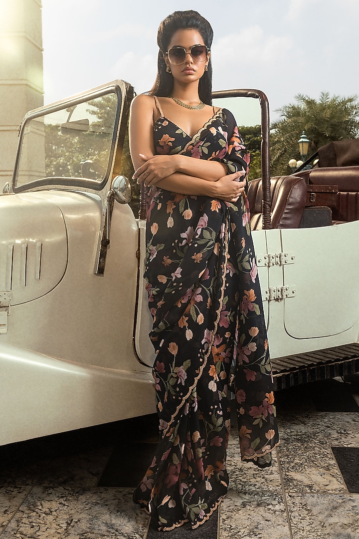 Black Muslin & Organza Floral Printed Pre-Stitched Party Wear Saree Set by DOHR INDIA at Pernia's Pop Up Shop