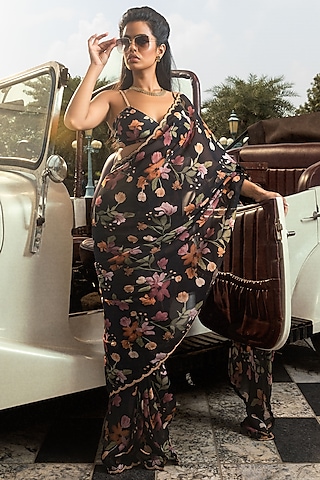 Black Muslin & Organza Floral Printed Unstitched Saree Set by DOHR INDIA