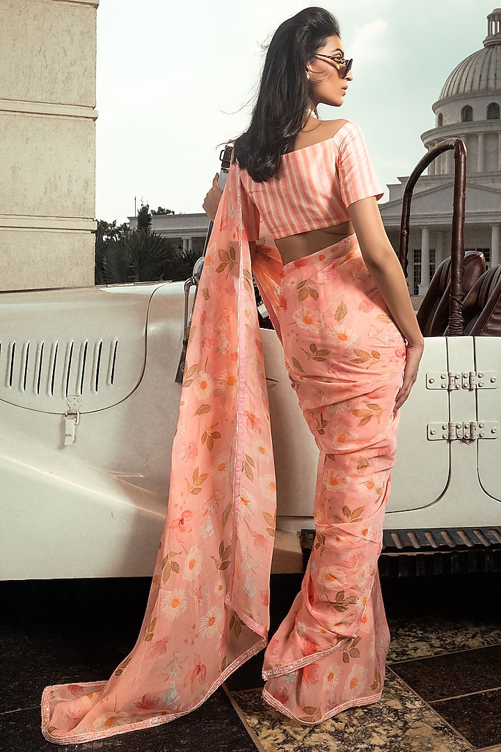 Pink Organza Floral Printed Unstitched Party Wear Saree Set by DOHR INDIA at Pernia's Pop Up Shop