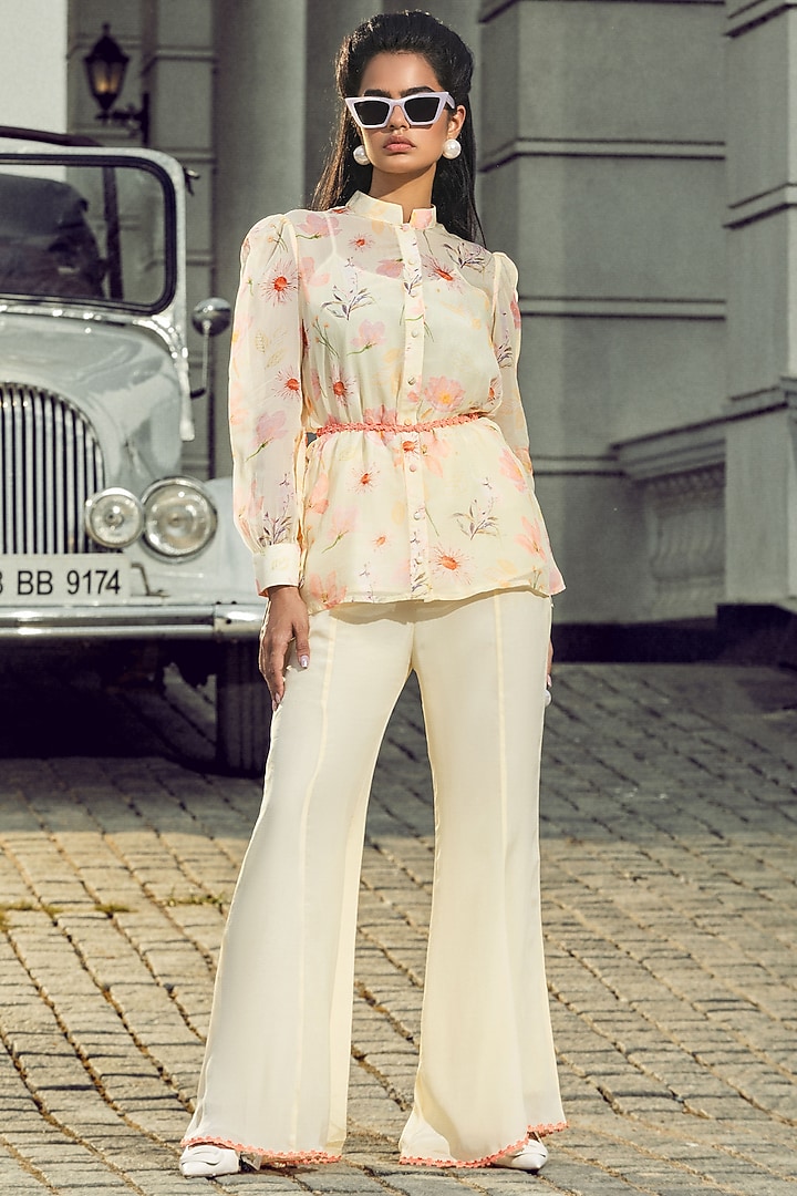 Lemon Yellow Organza Floral Printed Co-Ord Set by DOHR INDIA at Pernia's Pop Up Shop
