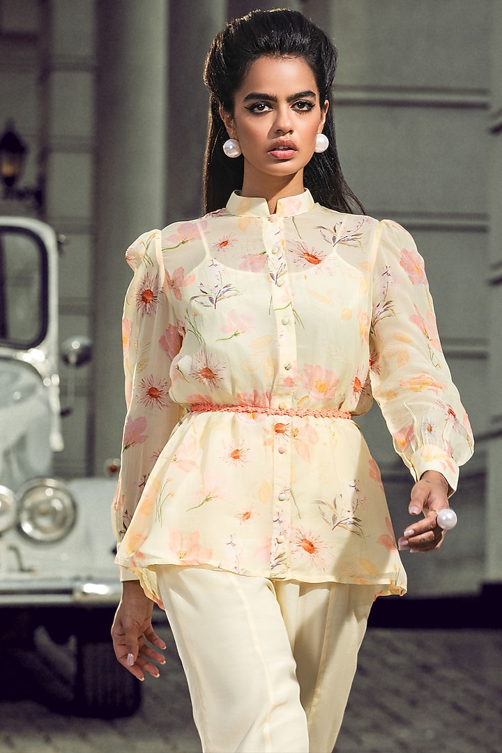 Lemon Yellow Organza Floral Printed Co-Ord Set by DOHR INDIA at Pernia's Pop Up Shop