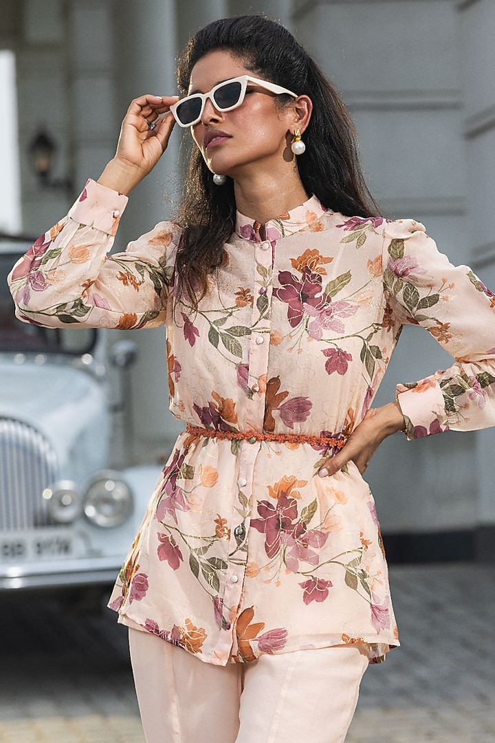 Beige Organza Floral Printed Co-Ord Set by DOHR INDIA at Pernia's Pop Up Shop