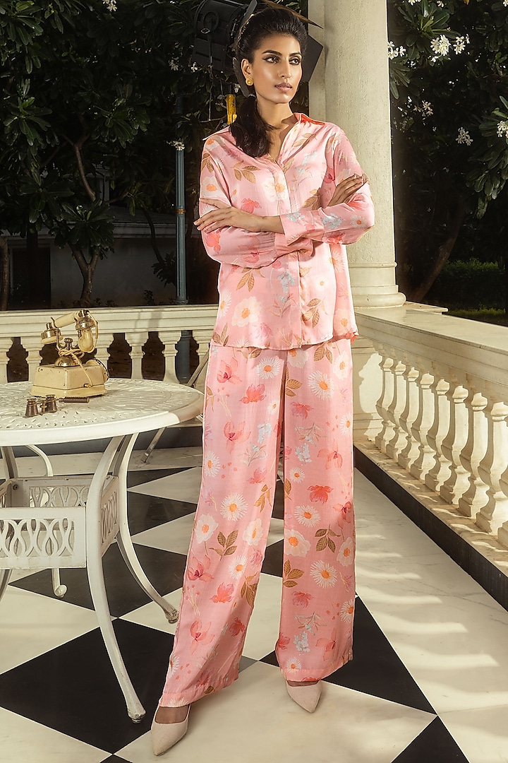 Pink Modal Satin Co-Ord Set by DOHR INDIA