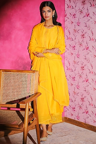 Bright Yellow Embellished Kurta Set by DOHR INDIA