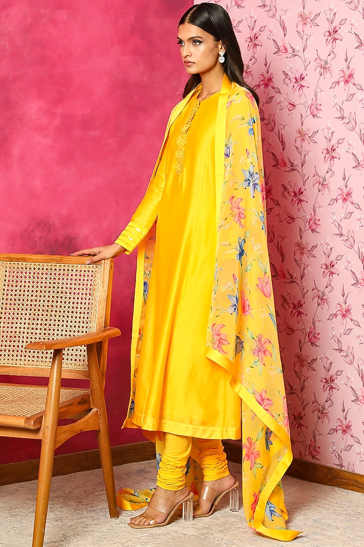 Bright Yellow Silk Chanderi Kurta Set by DOHR INDIA at Pernia's Pop Up Shop