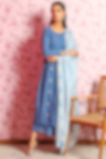 Blue Embroidered Party Wear Anarkali Set by DOHR INDIA at Pernia's Pop Up Shop