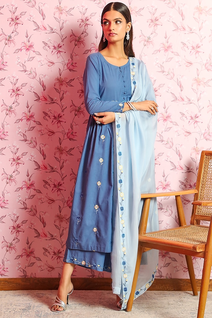 Blue Embroidered Party Wear Anarkali Set by DOHR INDIA at Pernia's Pop Up Shop