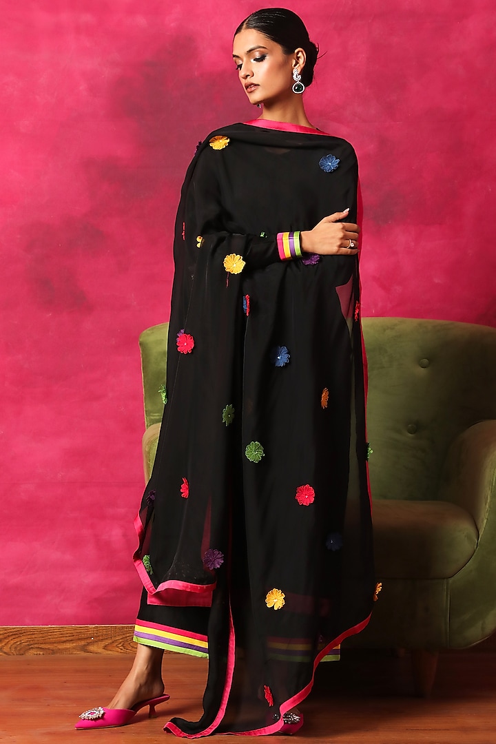 Black Silk Chanderi Embroidered Kurta Set by DOHR INDIA