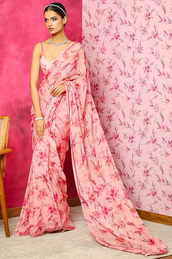 Pink Organza Floral Printed Saree Set by DOHR INDIA