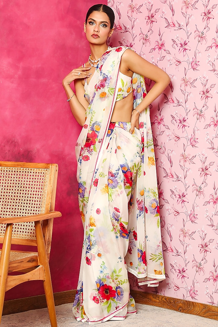 White Organza Floral Printed & Cutdana Hand Embroidered Party Wear Saree Set by DOHR INDIA at Pernia's Pop Up Shop