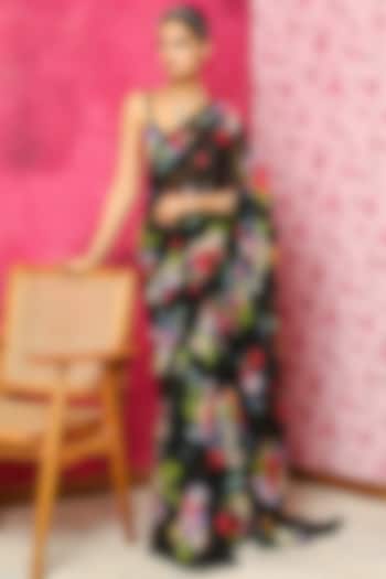 Black Printed Organza Party Wear Saree Set by DOHR INDIA at Pernia's Pop Up Shop