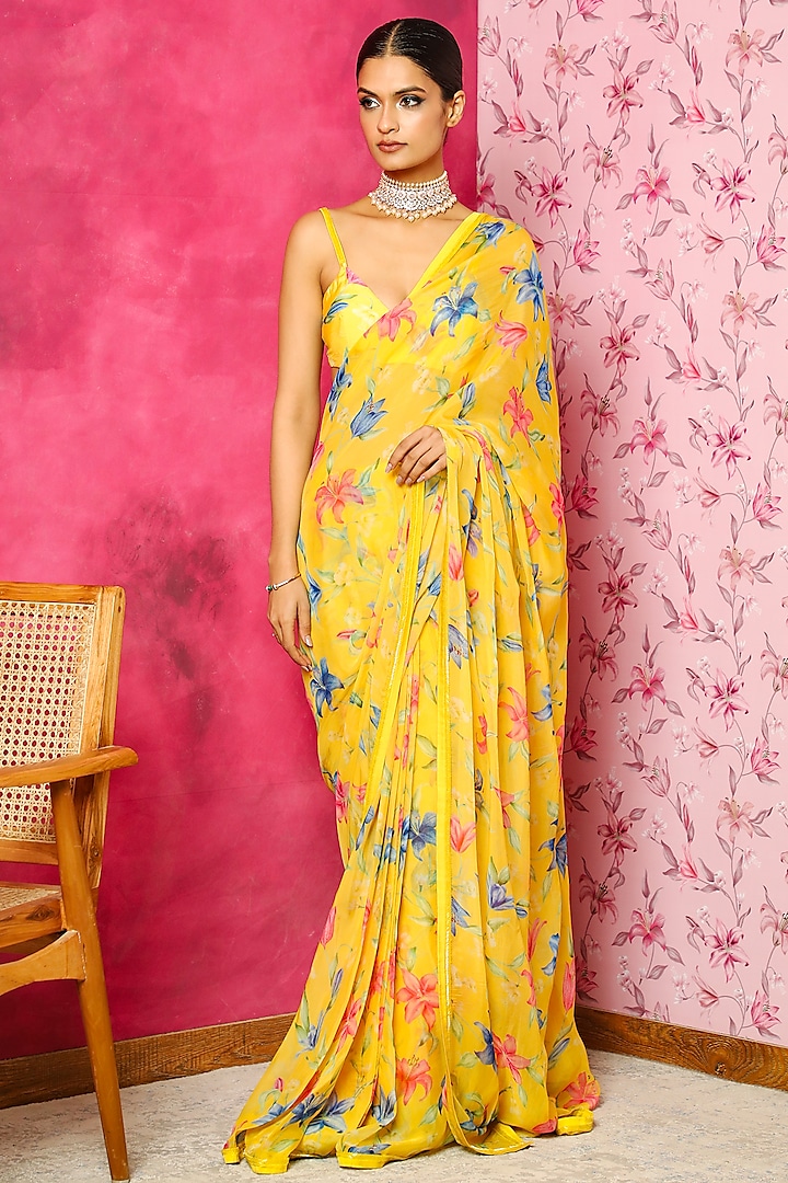 Yellow Printed Pre-Stitched Party Wear Saree Set by DOHR INDIA at Pernia's Pop Up Shop