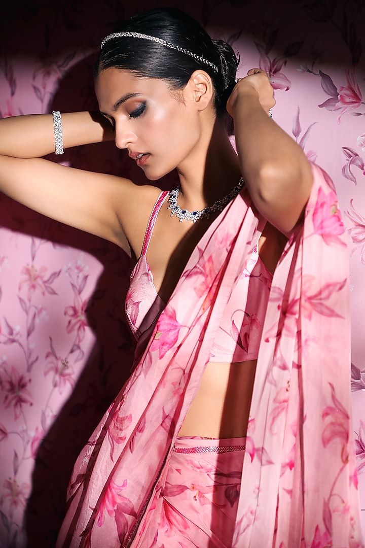 Pink Printed Pre-Stitched Party Wear Saree Set by DOHR INDIA at Pernia's Pop Up Shop