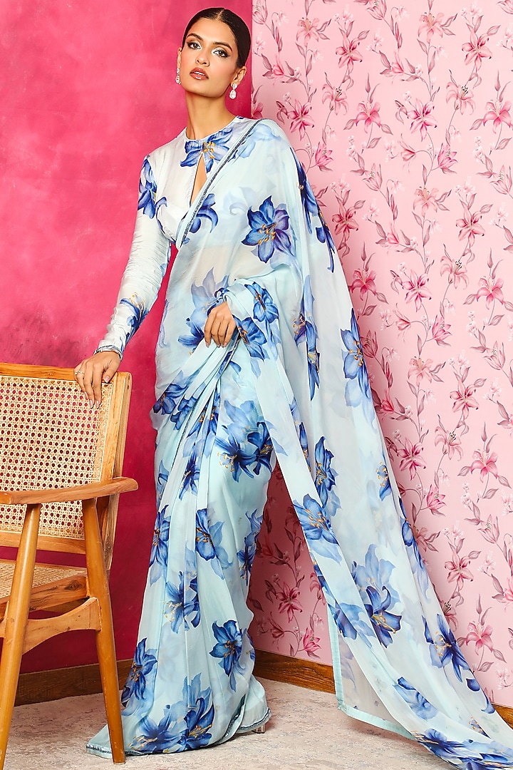 Azure Blue Printed Pre-Stitched Saree Set by DOHR INDIA