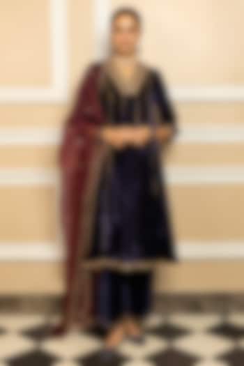 Blue Silk Velvet Hand Embroidered A-Line Kurta Set by DOHR INDIA at Pernia's Pop Up Shop