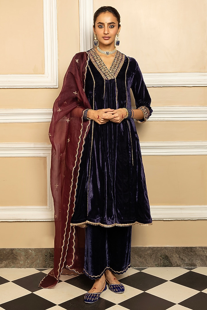 Blue Silk Velvet Hand Embroidered A-Line Kurta Set by DOHR INDIA at Pernia's Pop Up Shop
