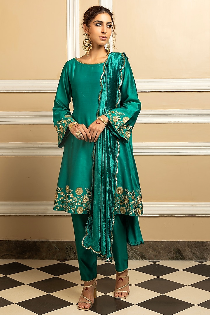 Green Silk Chanderi Embroidered A-Line Kurta Set by DOHR INDIA at Pernia's Pop Up Shop