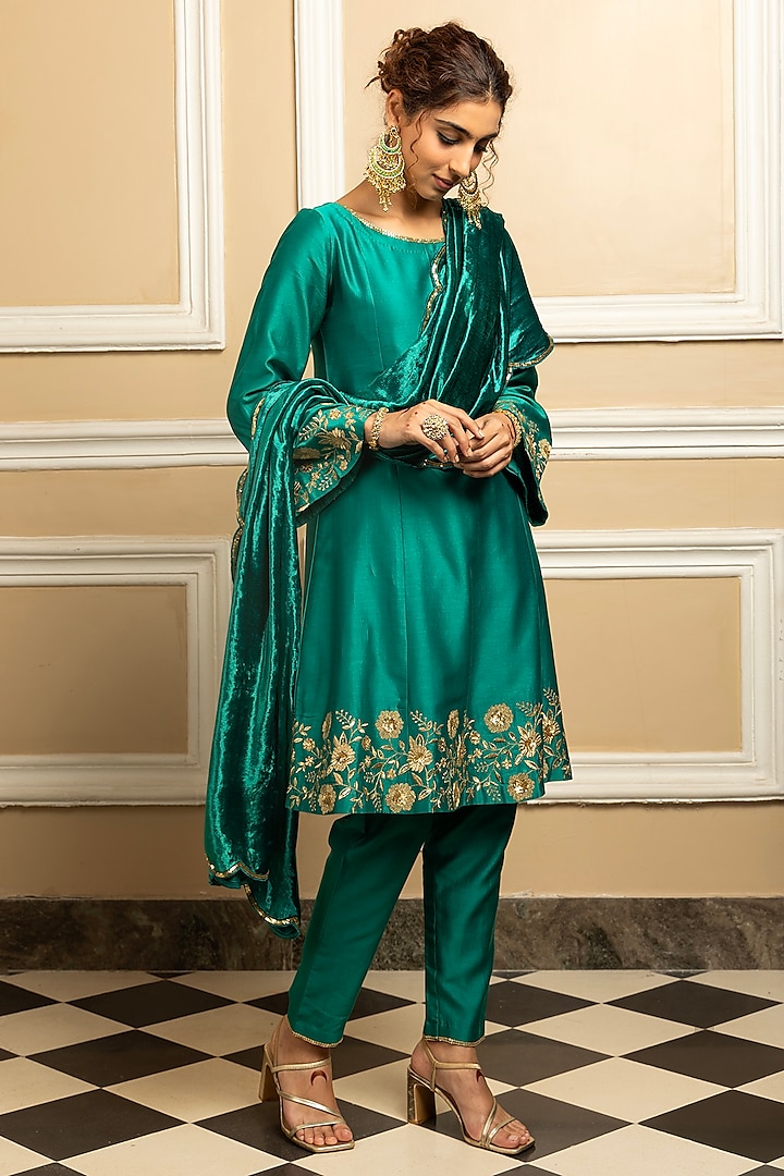 Green Silk Chanderi Embroidered A-Line Kurta Set by DOHR INDIA at Pernia's Pop Up Shop