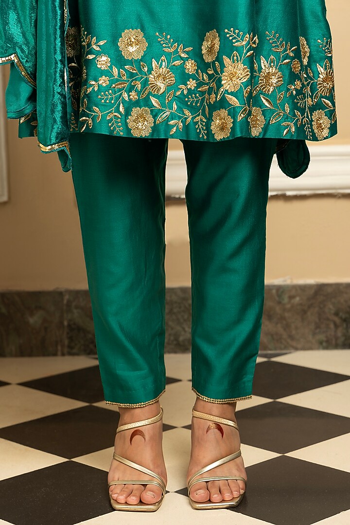 Green Silk Chanderi Embroidered A-Line Kurta Set by DOHR INDIA at Pernia's Pop Up Shop