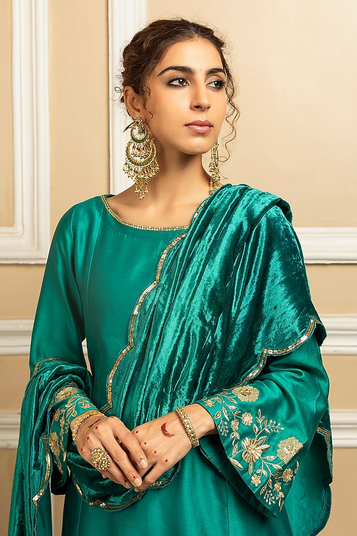 Green Silk Chanderi Embroidered A-Line Kurta Set by DOHR INDIA at Pernia's Pop Up Shop