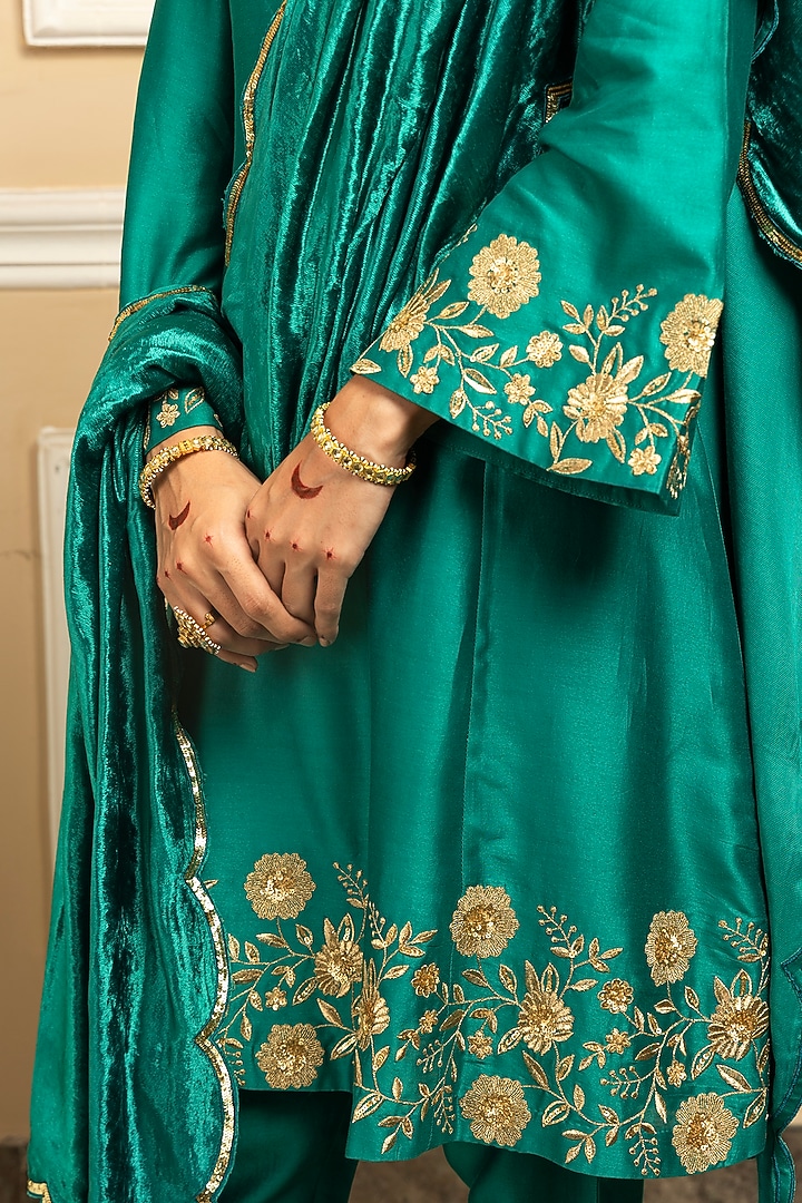 Green Silk Chanderi Embroidered A-Line Kurta Set by DOHR INDIA at Pernia's Pop Up Shop