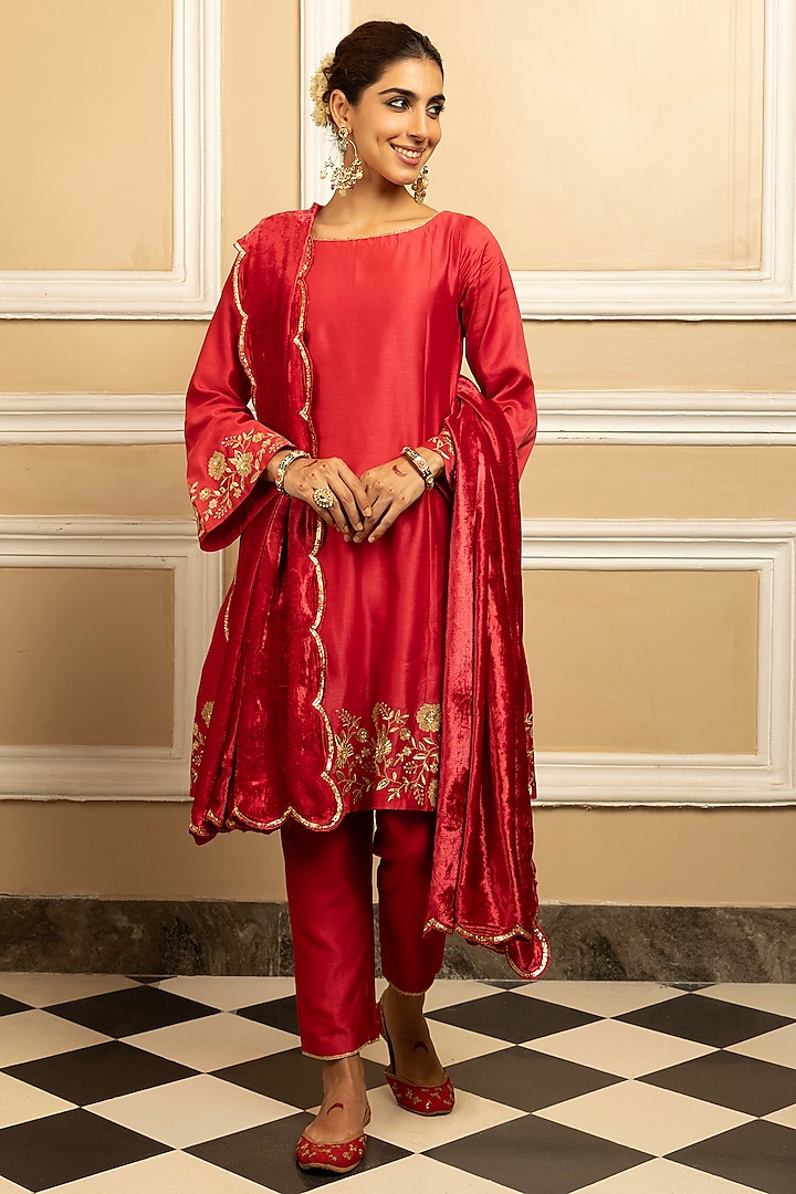 Red Silk Chanderi Embroidered A-Line Kurta Set by DOHR INDIA at Pernia's Pop Up Shop