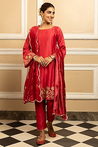 Red Silk Chanderi Embroidered A-Line Kurta Set by DOHR INDIA