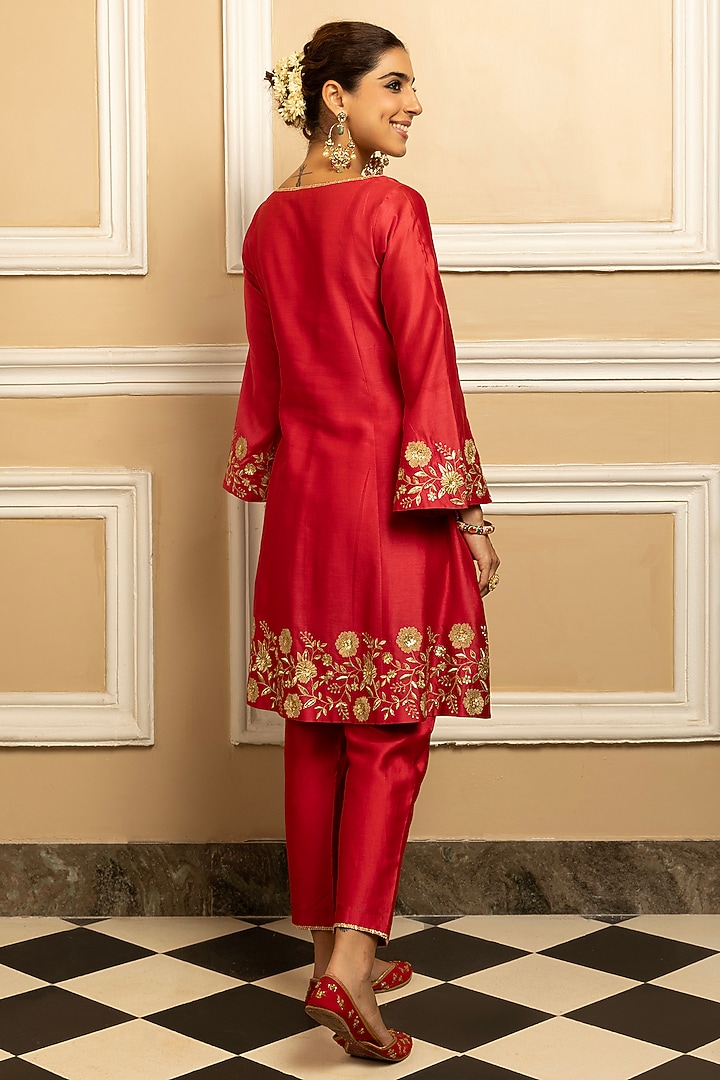Red Silk Chanderi Embroidered A-Line Kurta Set by DOHR INDIA at Pernia's Pop Up Shop