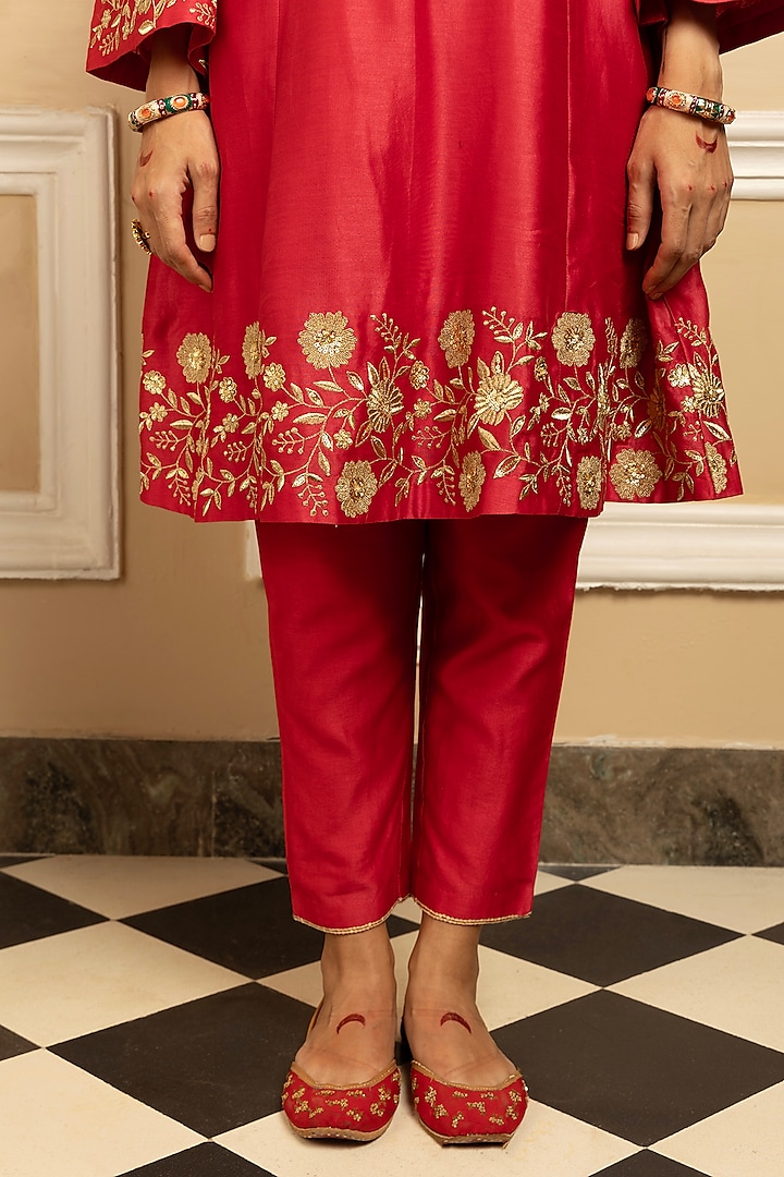 Red Silk Chanderi Embroidered A-Line Kurta Set by DOHR INDIA at Pernia's Pop Up Shop