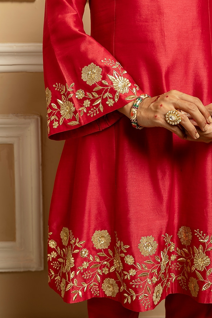Red Silk Chanderi Embroidered A-Line Kurta Set by DOHR INDIA at Pernia's Pop Up Shop
