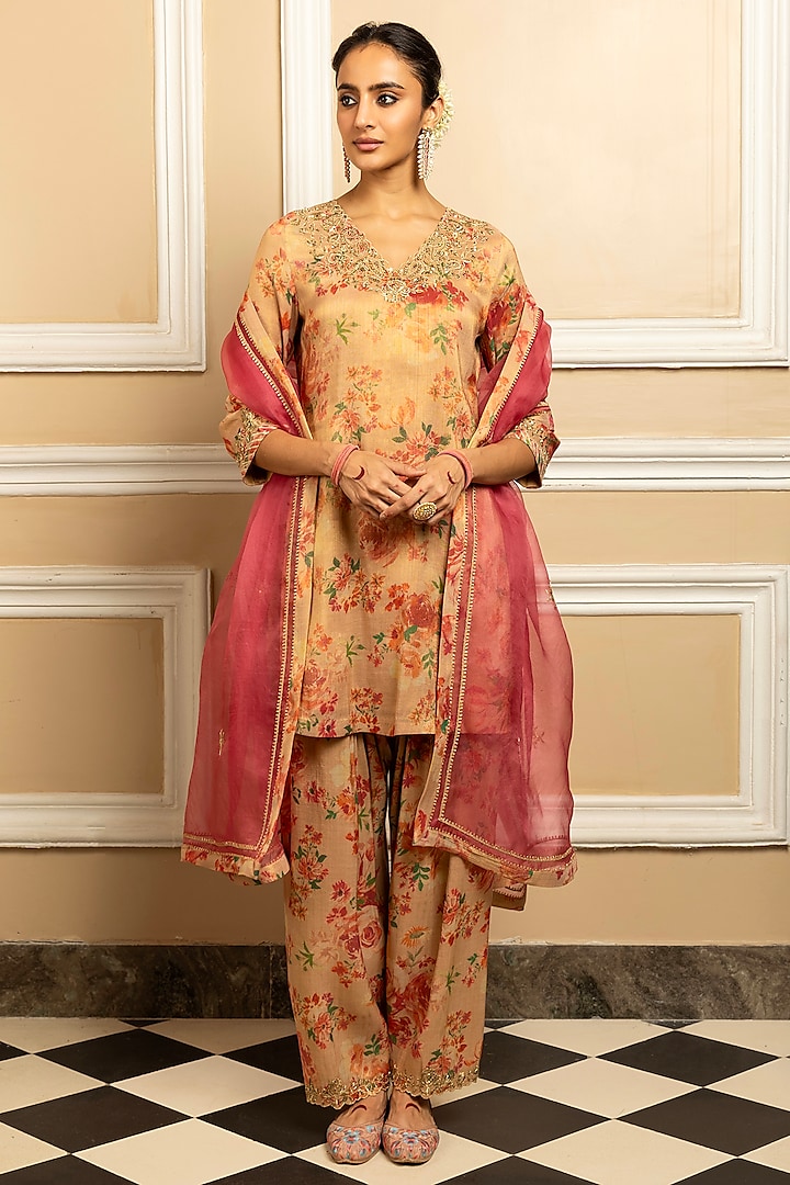 Beige Tissue Blend Floral Printed Kurta Set by DOHR INDIA at Pernia's Pop Up Shop