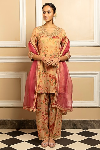 Beige Tissue Blend Floral Printed Kurta Set by DOHR INDIA