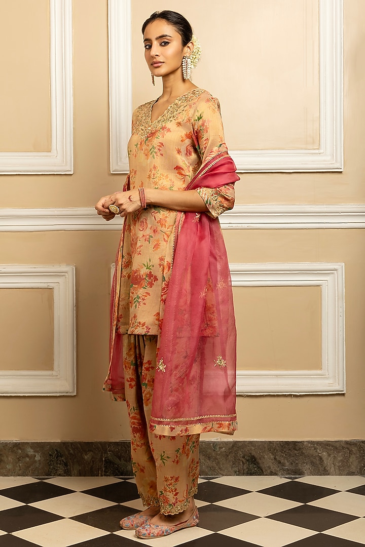 Beige Tissue Blend Floral Printed Kurta Set by DOHR INDIA at Pernia's Pop Up Shop
