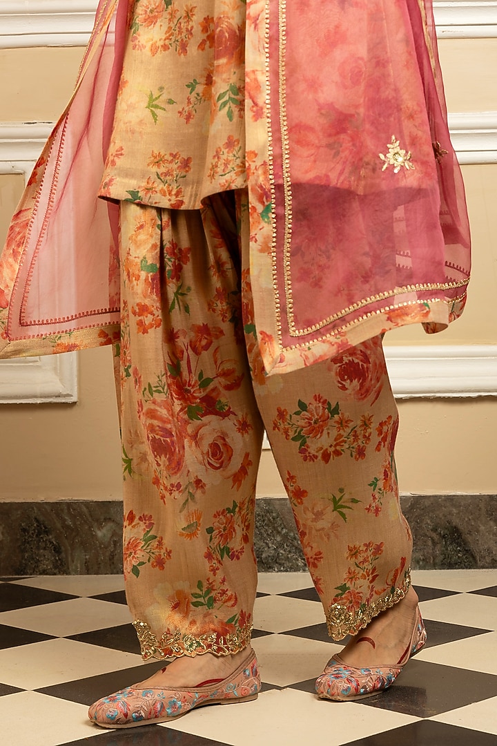 Beige Tissue Blend Floral Printed Kurta Set by DOHR INDIA at Pernia's Pop Up Shop