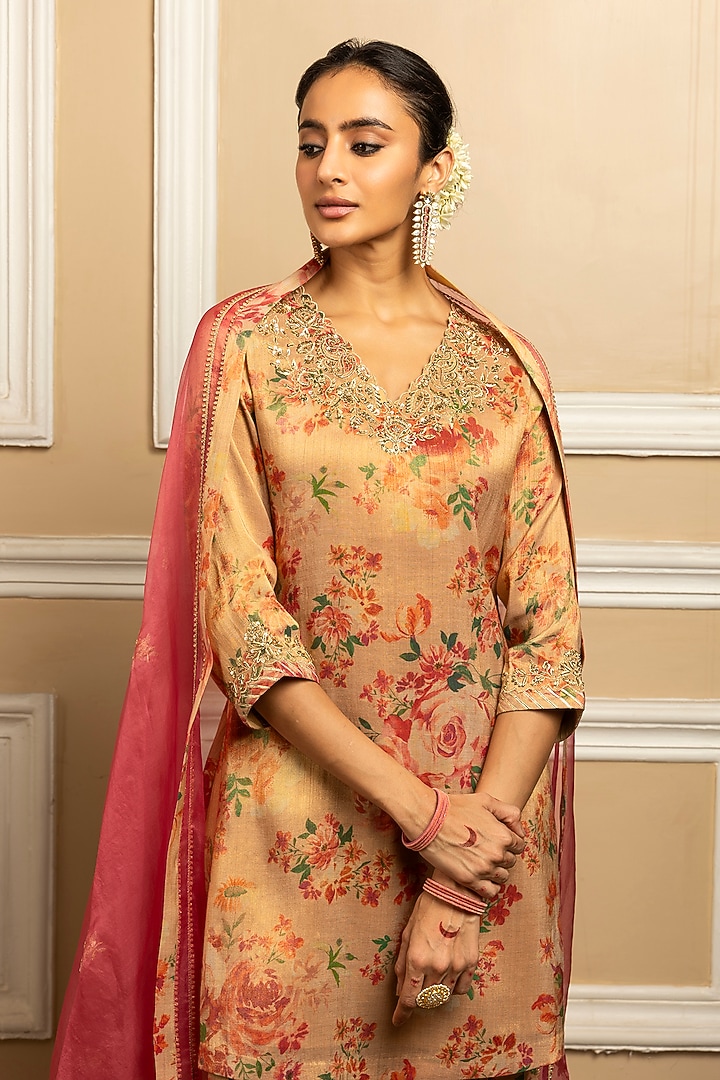 Beige Tissue Blend Floral Printed Kurta Set by DOHR INDIA at Pernia's Pop Up Shop