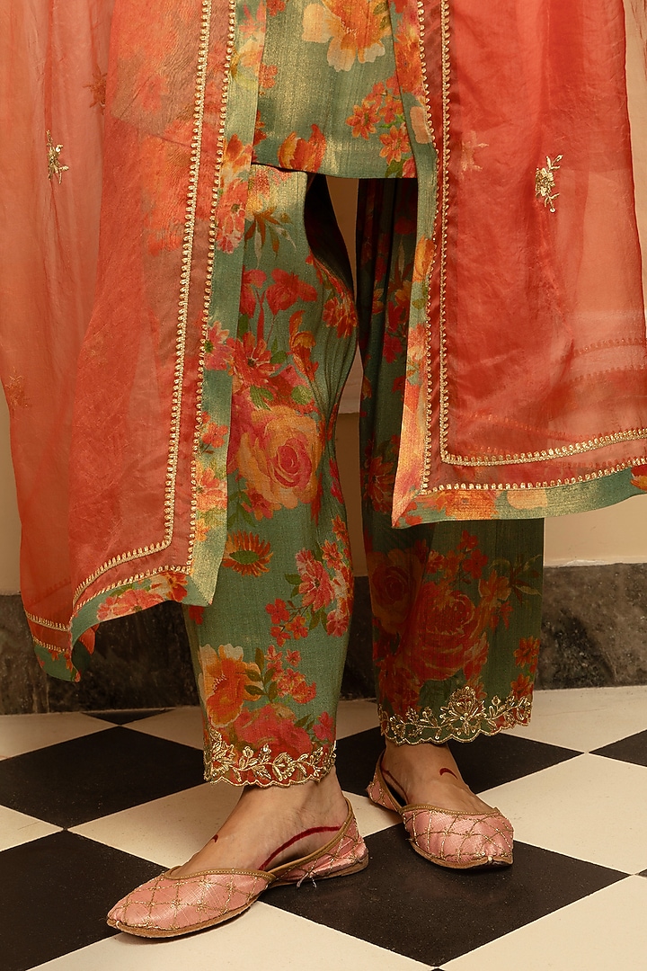 Green Tissue Blend Floral Printed Kurta Set by DOHR INDIA at Pernia's Pop Up Shop
