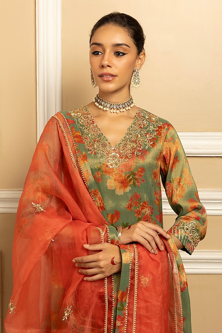 Green Tissue Blend Floral Printed Kurta Set by DOHR INDIA at Pernia's Pop Up Shop