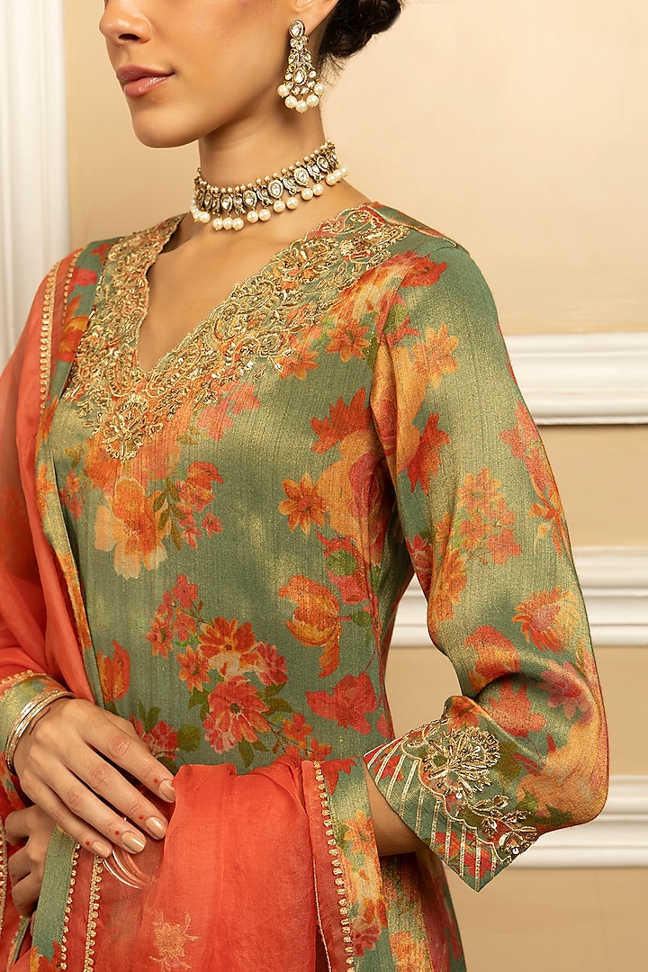 Green Tissue Blend Floral Printed Kurta Set by DOHR INDIA at Pernia's Pop Up Shop