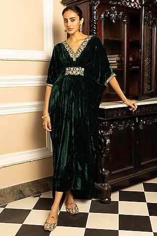 Green Silk Velvet Sequins Embroidered Kaftan by DOHR INDIA