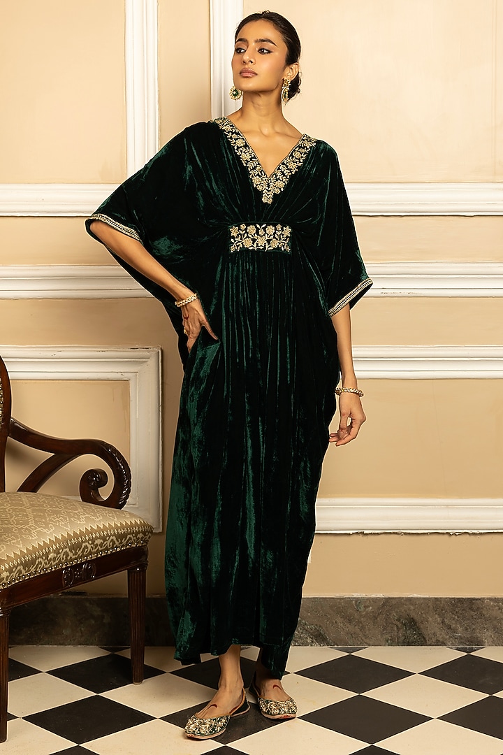 Green Silk Velvet Sequins Embroidered Kaftan by DOHR INDIA at Pernia's Pop Up Shop