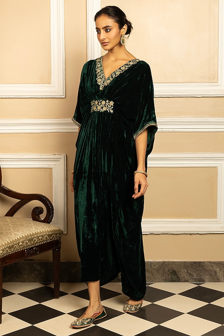 Green Silk Velvet Sequins Embroidered Kaftan by DOHR INDIA at Pernia's Pop Up Shop