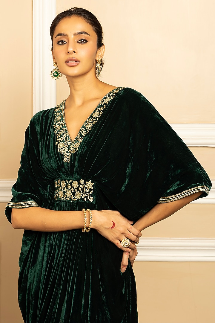 Green Silk Velvet Sequins Embroidered Kaftan by DOHR INDIA at Pernia's Pop Up Shop