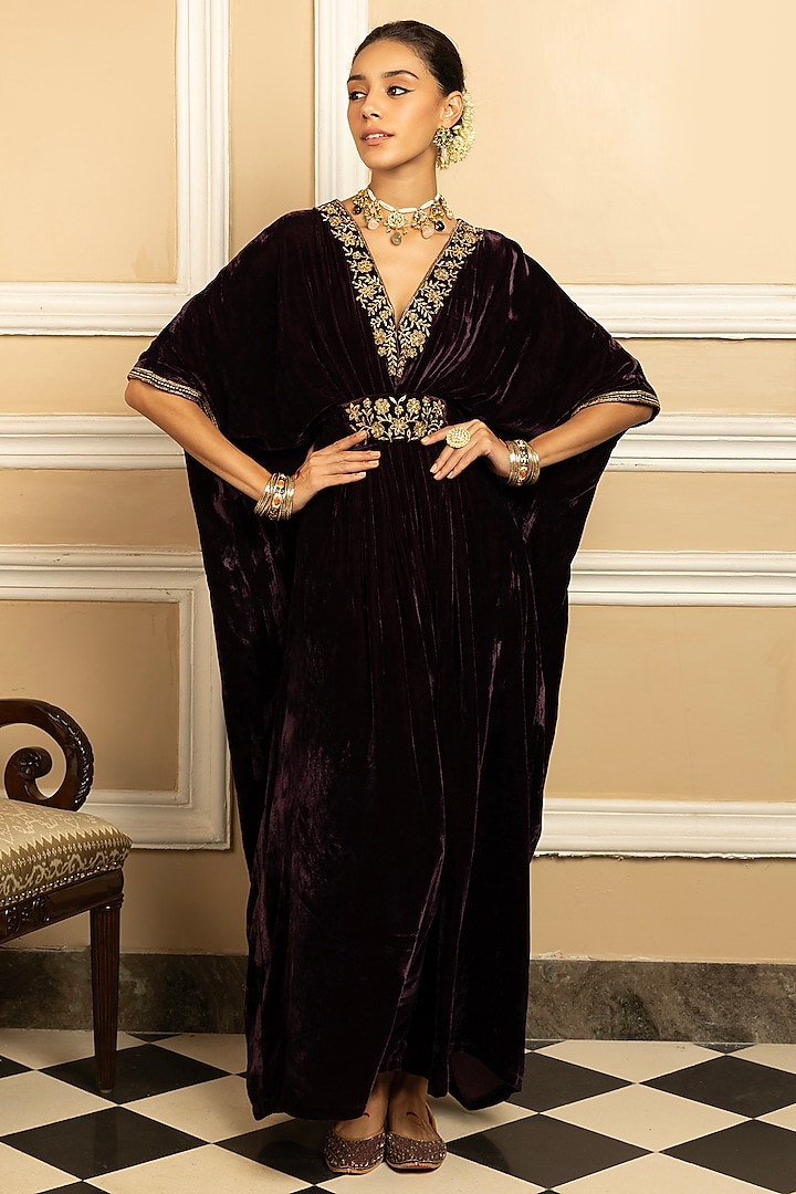 Purple Silk Velvet Sequins Embroidered Kaftan by DOHR INDIA at Pernia's Pop Up Shop