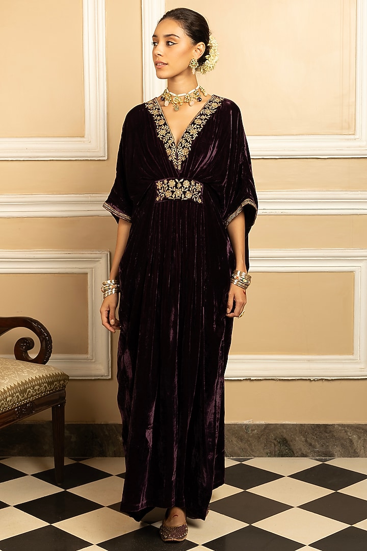 Purple Silk Velvet Sequins Embroidered Kaftan by DOHR INDIA at Pernia's Pop Up Shop