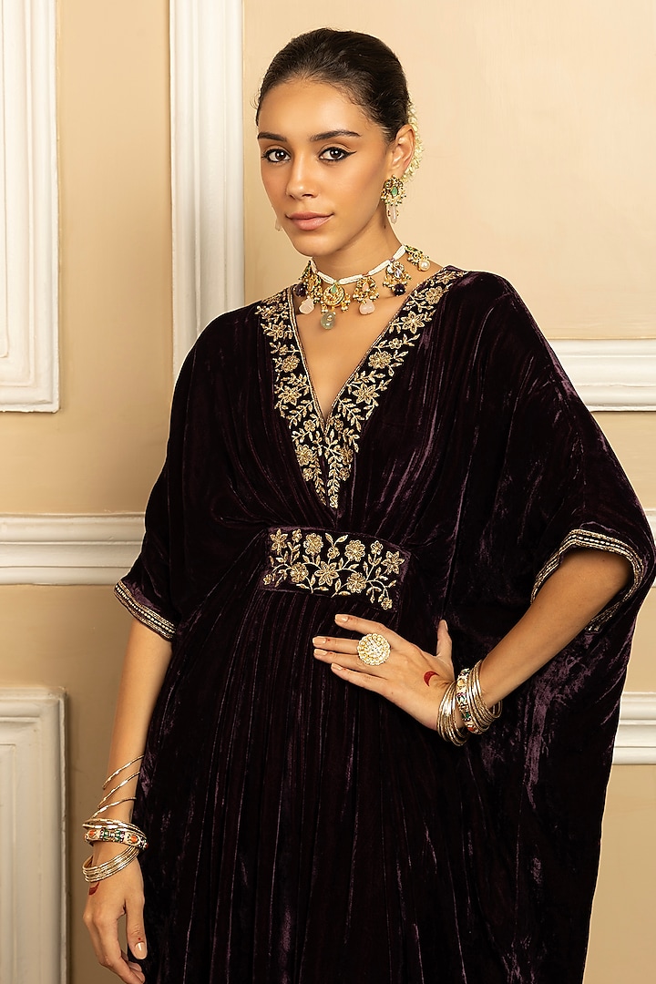 Purple Silk Velvet Sequins Embroidered Kaftan by DOHR INDIA at Pernia's Pop Up Shop