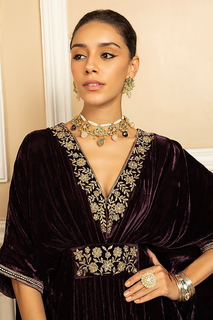 Purple Silk Velvet Sequins Embroidered Kaftan by DOHR INDIA at Pernia's Pop Up Shop
