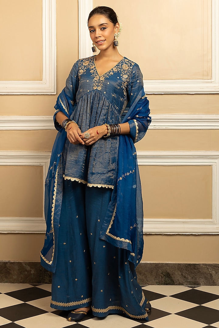 Blue Tissue Chanderi Sharara Set by DOHR INDIA at Pernia's Pop Up Shop