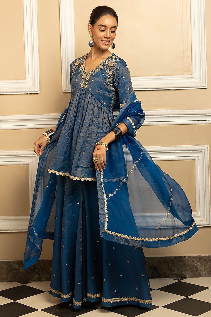 Blue Tissue Chanderi Party Wear Sharara Set by DOHR INDIA at Pernia's Pop Up Shop